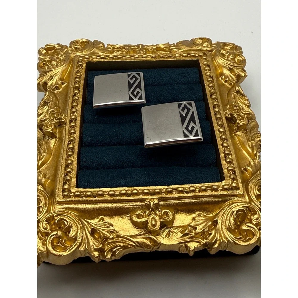 Swank Cufflinks OS Vintage Silver Tone Geometric Greek Key Art Deco Square MCM